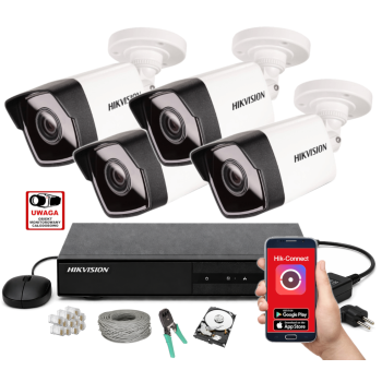 ZESTAW MONITORINGU IP HikVision 2MPx – 4 Kamery Tubowe, Dysk 1TB, PoE, Zdalny Dostęp, Akcesoria