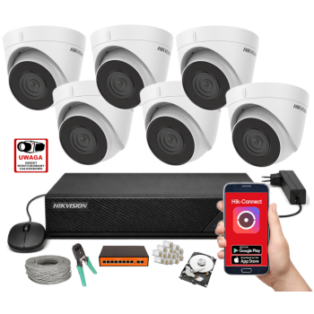 ZESTAW MONITORINGU IP HikVision 2MPx – 6 Kamer Kopułkowych, Dysk 1TB, PoE, Zdalny Dostęp, Akcesoria