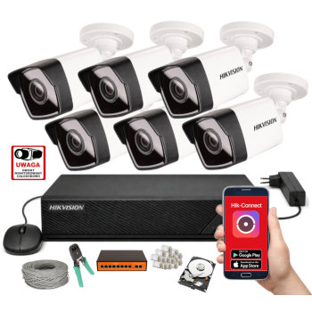 ZESTAW MONITORINGU IP HikVision 2MPx – 6 Kamer Tubowych, Dysk 1TB, PoE, Zdalny Dostęp, Akcesoria