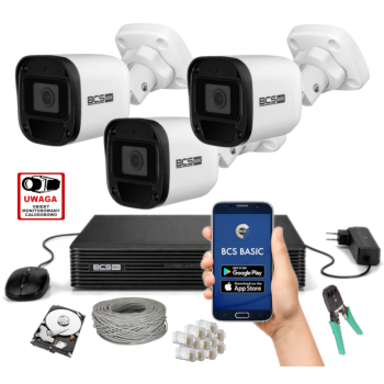 ZESTAW MONITORINGU IP BCS Basic 2MPx – 3 Kamery Tubowe, PoE, Zdalny Dostęp, Akcesoria