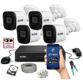 ZESTAW MONITORINGU IP BCS Basic 2MPx – 4 Kamery Tubowe, PoE, Zdalny Dostęp, Akcesoria