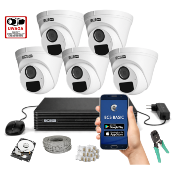 ZESTAW MONITORINGU IP BCS Basic 2MPx – 5 Kamer Kopułkowych, PoE, Zdalny Dostęp, Akcesoria