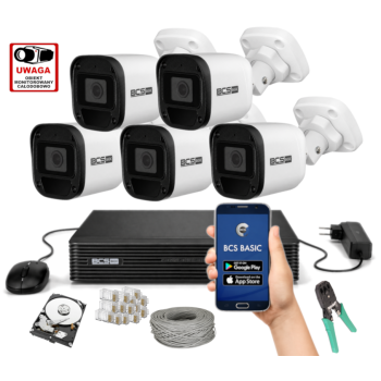 ZESTAW MONITORINGU IP BCS Basic 2MPx – 5 Kamer Tubowych, PoE, Zdalny Dostęp, Akcesoria