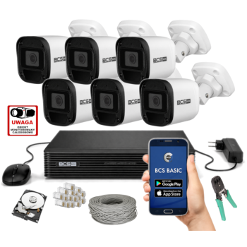ZESTAW MONITORINGU IP BCS Basic 2MPx – 6 Kamer Tubowych, PoE, Zdalny Dostęp, Akcesoria