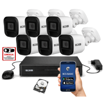 ZESTAW MONITORINGU IP BCS Basic 2MPx – 6 Kamer Tubowych, Dysk 1TB, PoE, Zdalny Dostęp