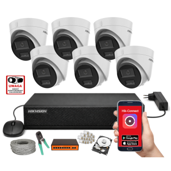 ZESTAW MONITORINGU IP HikVision 4MPx – 6 Kamer Kopułkowych, Dysk 1TB, PoE, Zdalny Dostęp, Akcesoria