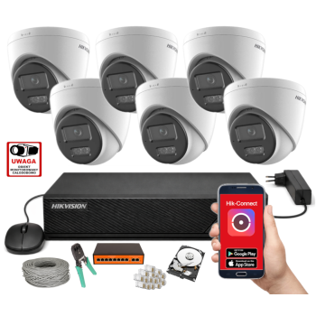 ZESTAW MONITORINGU IP HikVision 6MPx – 6 Kamer Kopułkowych, Dysk 1TB, PoE, Zdalny Dostęp, Akcesoria