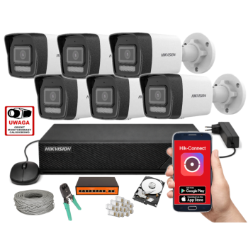 ZESTAW MONITORINGU IP HikVision 6MPx – 6 Kamer Tubowych, Dysk 1TB, PoE, Zdalny Dostęp, Akcesoria