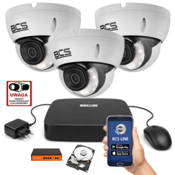 ZESTAW MONITORINGU IP 4MPx BCS – 3 Kamery Kopułkowe, Dysk 1TB, Switch PoE, Zdalny Dostęp