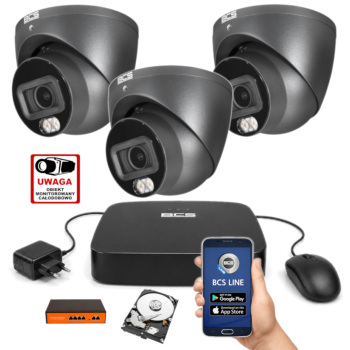 ZESTAW MONITORINGU IP BCS 4MPx – 3 Kamery Kopułkowe Grafitowe, Dysk 1TB, Switch PoE, Zdalny Dostęp