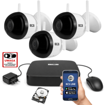 ZESTAW MONITORINGU IP BCS 4MPx – 3 Kamery Tubowe WiFi, Dysk 1TB, Zdalny Dostęp