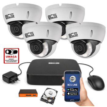 ZESTAW MONITORINGU IP 4MPx BCS – 4 Kamery Kopułkowe, Dysk 1TB, Switch PoE, Zdalny Dostęp