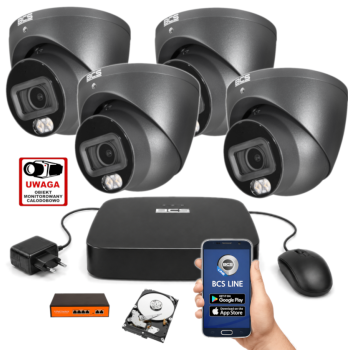 ZESTAW MONITORINGU IP BCS 4MPx – 4 Kamery Kopułkowe Grafitowe, Dysk 1TB, Switch PoE, Zdalny Dostęp