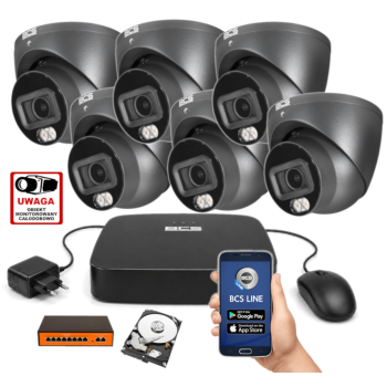 ZESTAW MONITORINGU IP BCS 4MPx – 6 Kamer Kopułkowych Grafitowych, Dysk 1TB, Switch PoE, Zdalny Dostęp