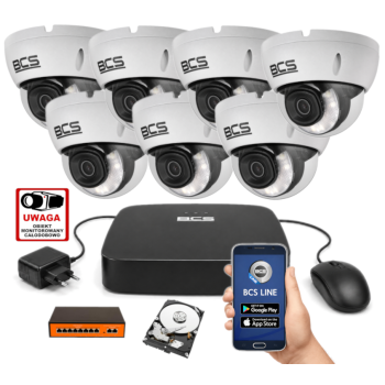 ZESTAW MONITORINGU IP 4MPx BCS – 7 Kamer Kopułkowych, Dysk 1TB, Switch PoE, Zdalny Dostęp