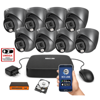 ZESTAW MONITORINGU IP BCS 4MPx – 8 Kamer Kopułkowych Grafitowych, Dysk 1TB, Switch PoE, Zdalny Dostęp